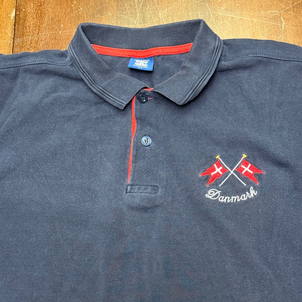 Monogram Denmark Polo Shirt Mens XL Navy Blue Embroidered Flag Combed Cotton